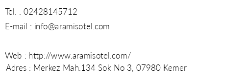 Aramis Otel telefon numaralar, faks, e-mail, posta adresi ve iletiim bilgileri